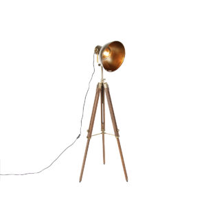 Industrial tripod floor lamp bronze with wood - Mangoes