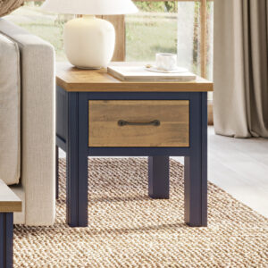 Savona Wooden Lamp Table With 1 Drawer In Blue And Oak